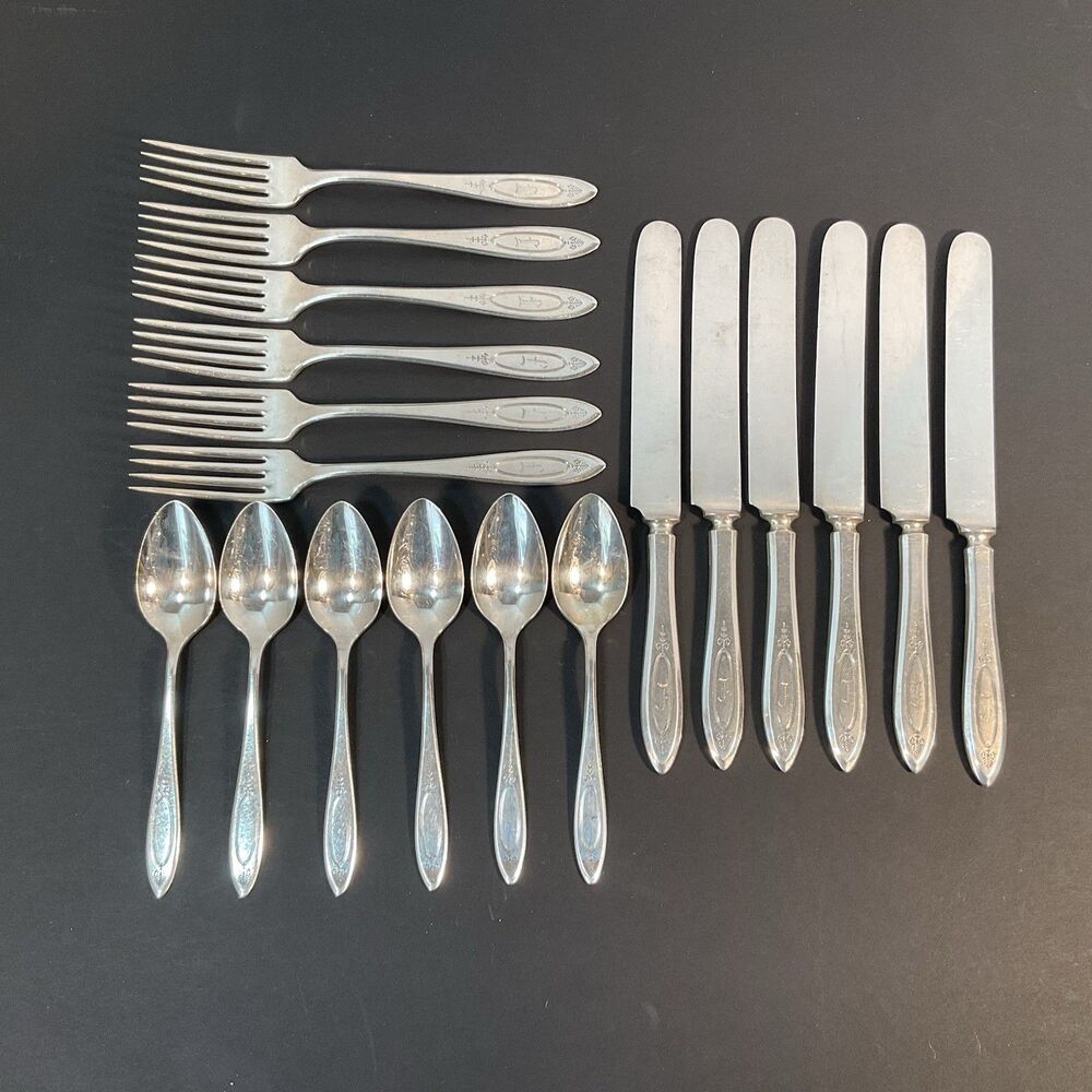 18 Pcs Oneida ADAM Silverplate Community Spoons Forks Knives Some Monogram “F”